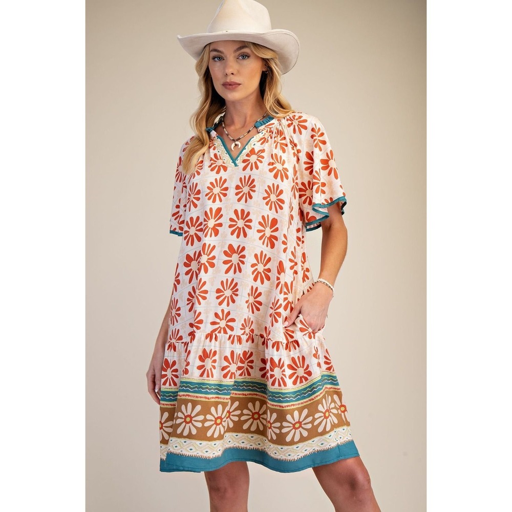 Easel Womens Daisy Floral Border Print Wing Sleeve Boho A-Line Mini Dress Small - Picture 2 of 5